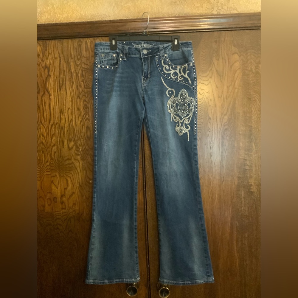 Montana West Trinity Ranch Denim Flare Jeans with Silver Embellishments